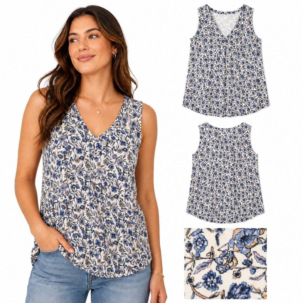 24/7 Maurices 1X Blue Floral V Neck Sleeveless Top
